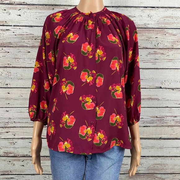 Tucker For Target Floral Print Peasant Blouse Button Shirt Small Magenta… - Picture 2 of 8